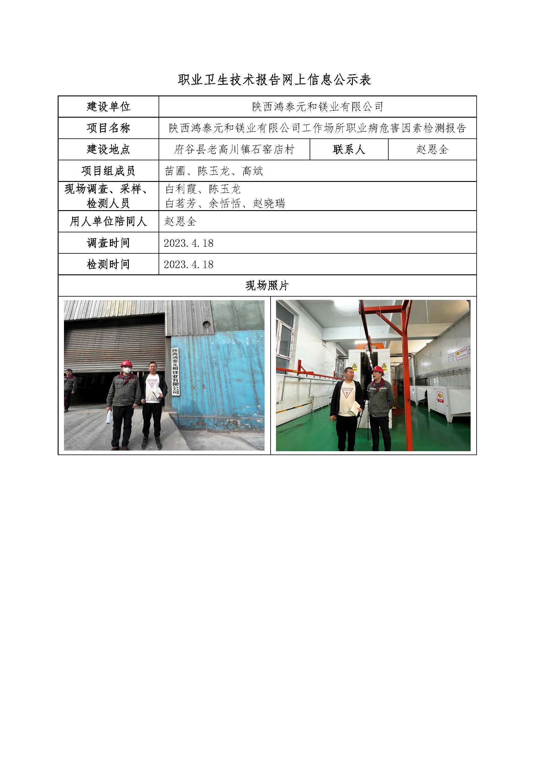 陜西鴻泰元和鎂業(yè)有限公司工作場所職業(yè)病危害因素檢測報告