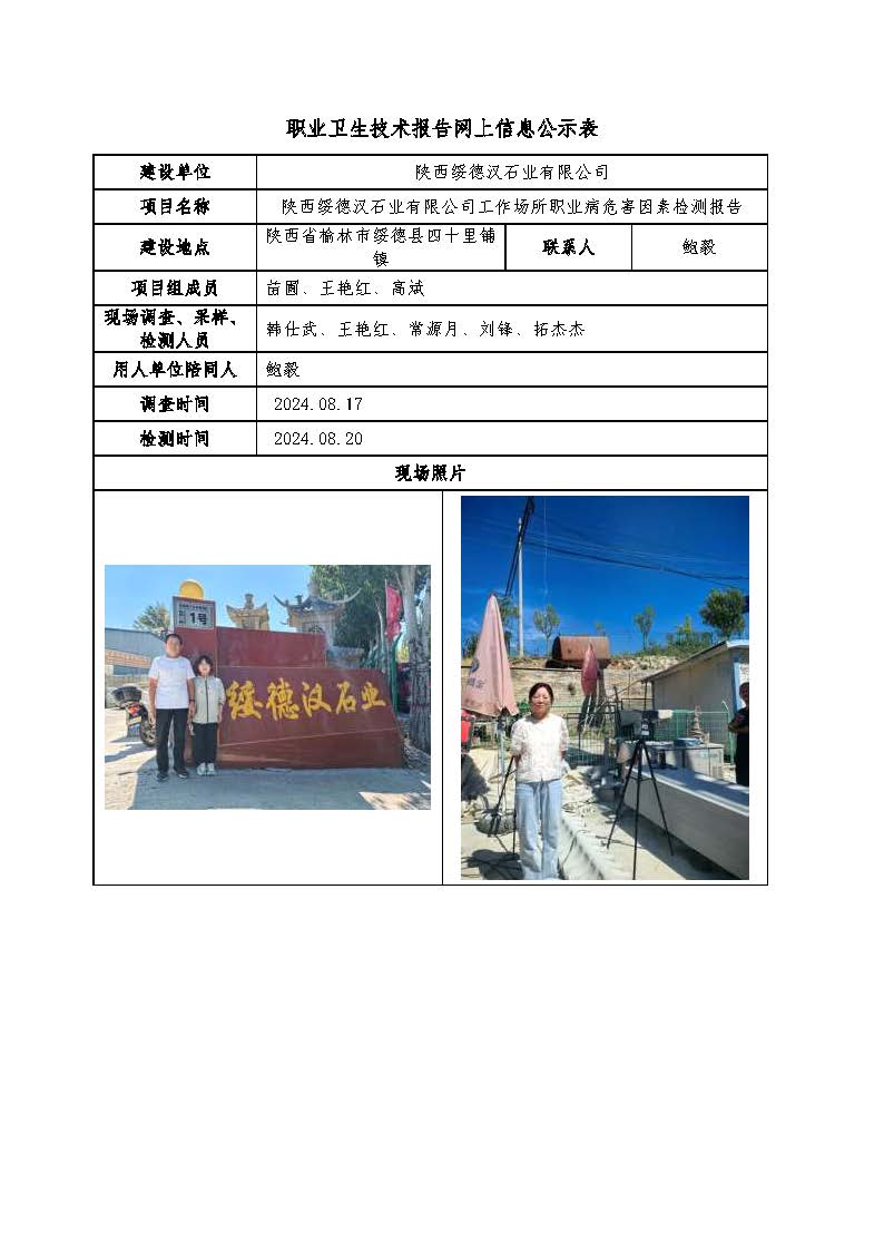 陜西綏德漢石業(yè)有限公司工作場(chǎng)所職業(yè)病危害因素檢