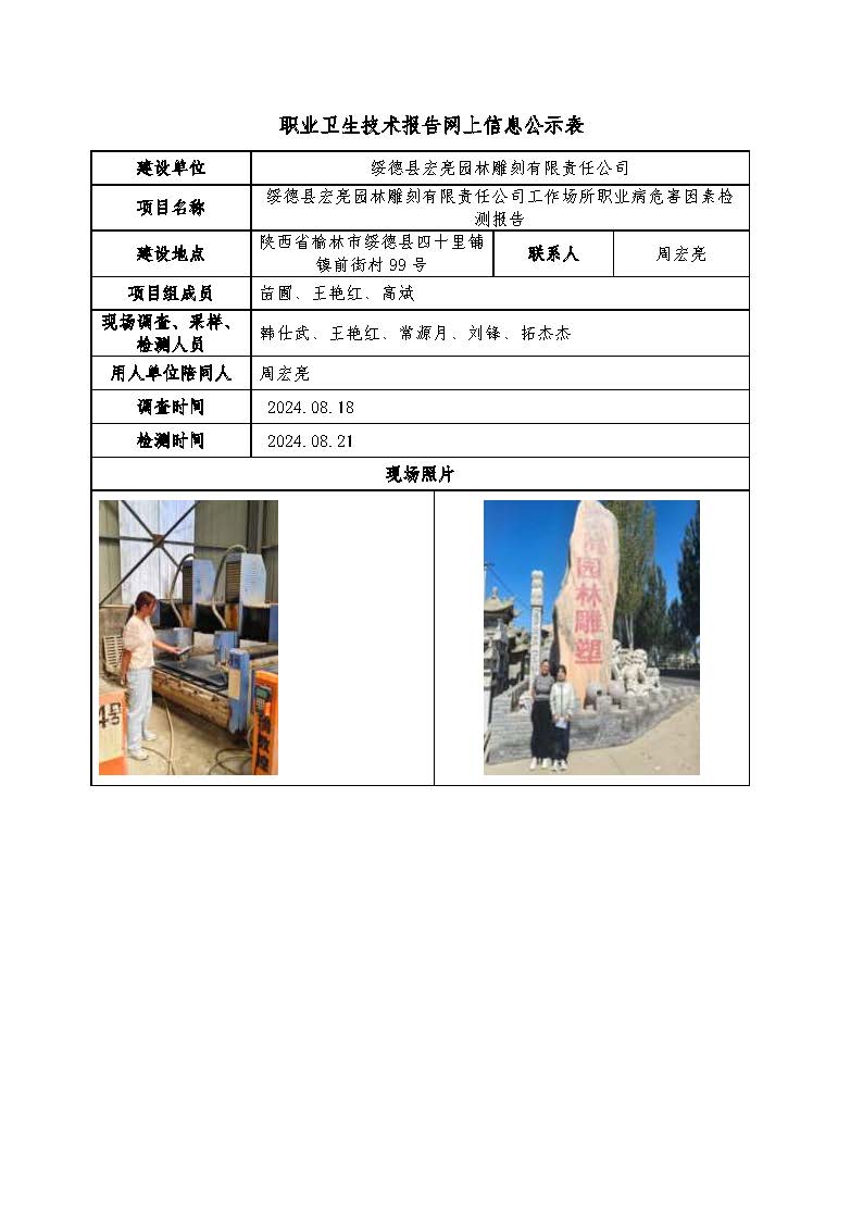 綏德縣宏亮園林雕刻有限責(zé)任公司工作場所職業(yè)病危害因素檢測