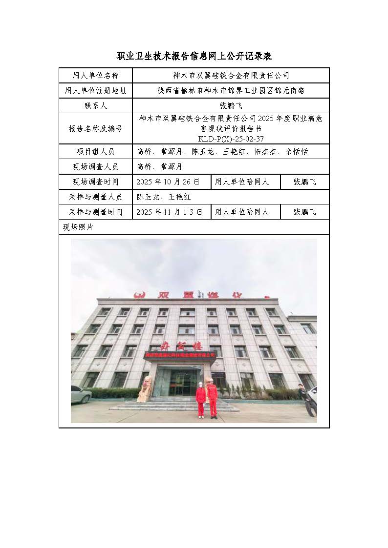 神木市雙翼硅鐵合金有限責(zé)任公司2025年度職業(yè)病危害現(xiàn)狀評(píng)價(jià)報(bào)告書(shū)