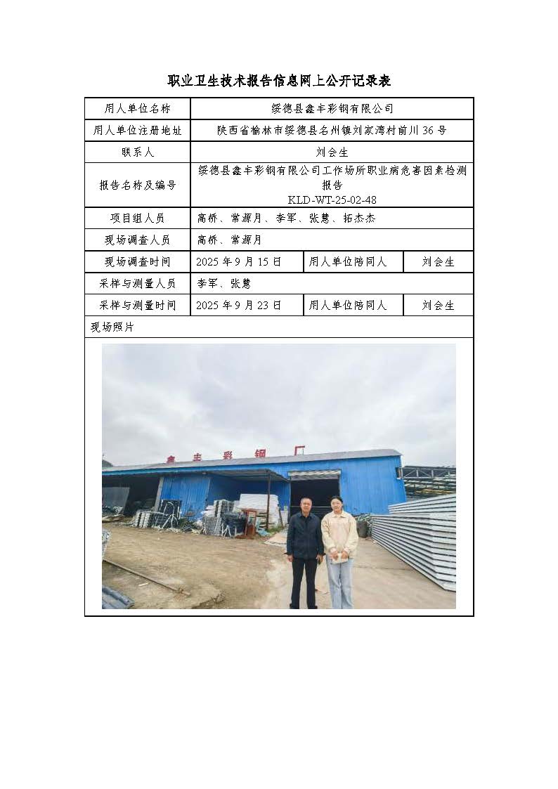 綏德縣鑫豐彩鋼有限公司工作場(chǎng)所職業(yè)病危害因素檢測(cè)報(bào)告